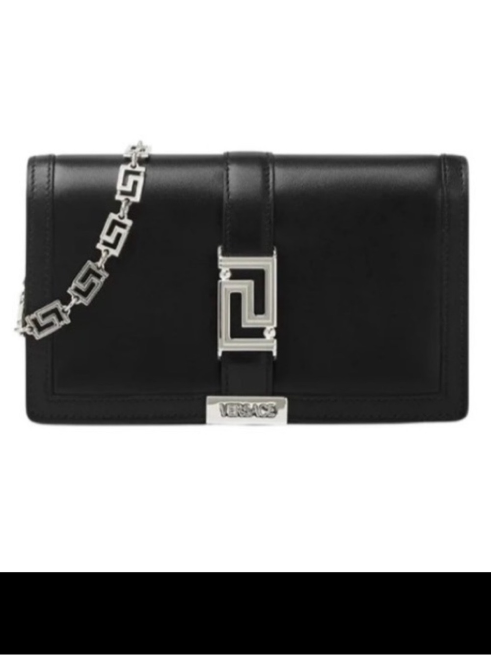 Versace Mini Greca Chain Crossbody Bag Black Leather Silver Crystal